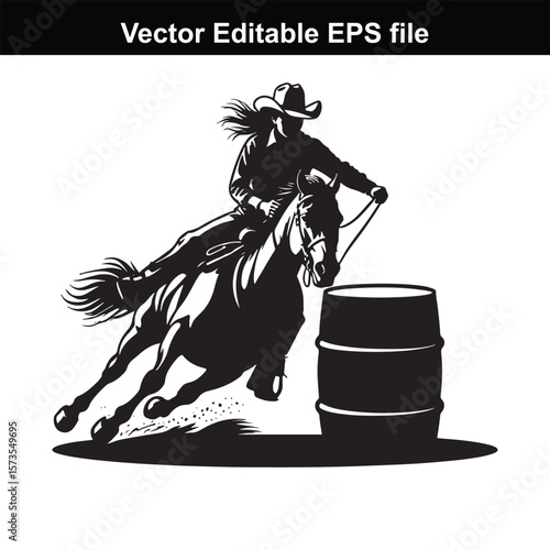 A silhouette Cowgirl  barrel racing