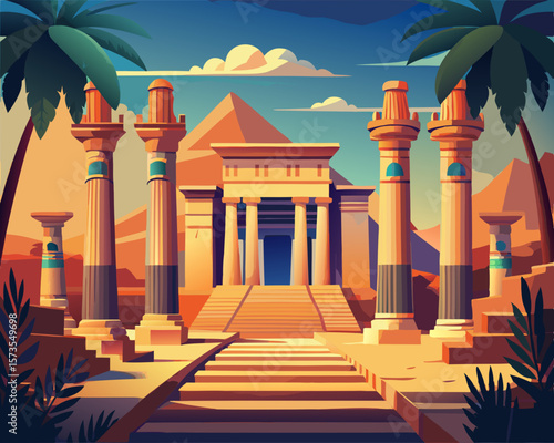 colorful illustration of a grand Egyptian palace with tall columns and ancient tomb