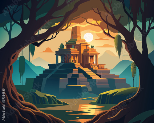 colorful illustration of a hidden temple within the roots of an ancient forest