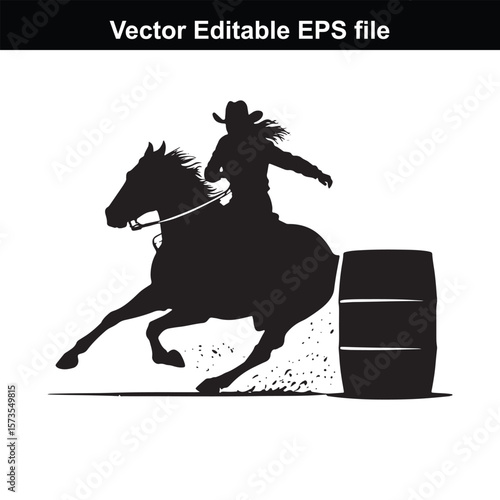 Silhouette of Barrel Racing Featuring a Horse and Rider Approaching a Barrel in an Equestrian Competition Scene