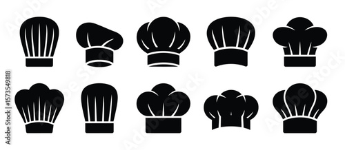 Collection of black chef hats or toques with different styles and designs