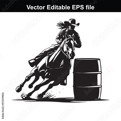 Silhouette of Barrel Racing Featuring a Horse and Rider Approaching a Barrel in an Equestrian Competition Scene
