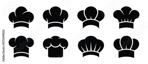 Collection of eight different black chef hats or toques blanche icons