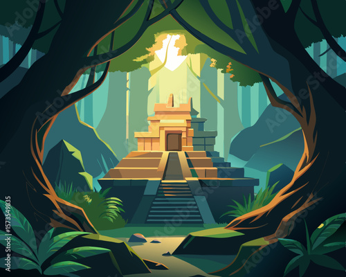 colorful illustration of a hidden temple within the roots of an ancient forest