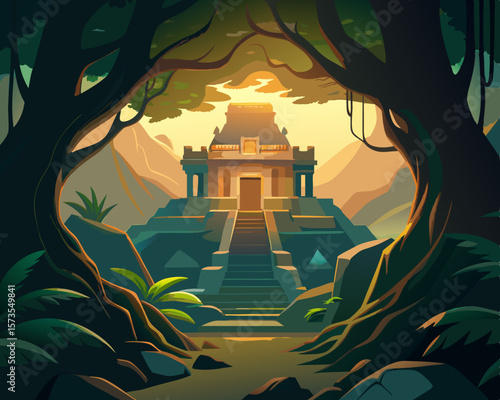 colorful illustration of a hidden temple within the roots of an ancient forest