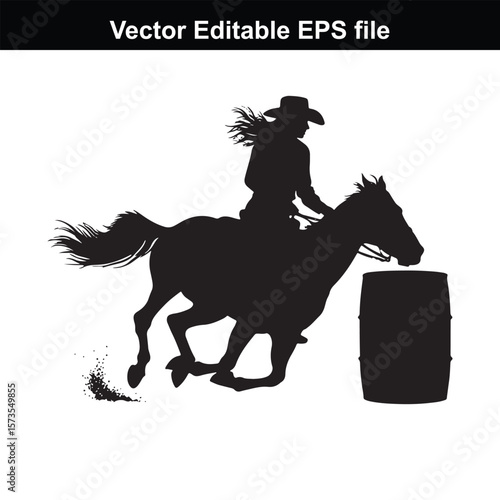 Silhouette of Barrel Racing Featuring a Horse and Rider Approaching a Barrel in an Equestrian Competition Scene