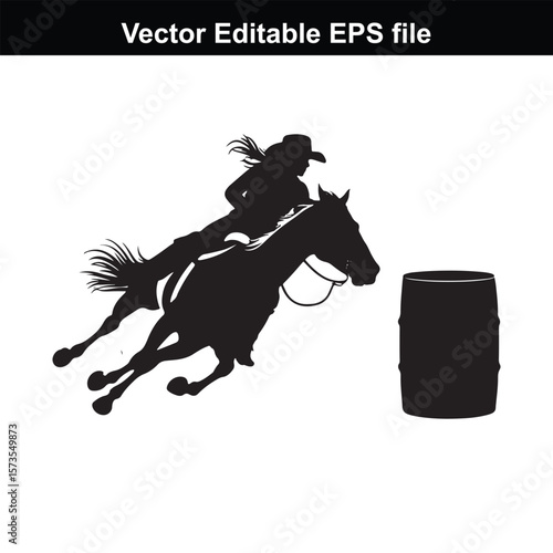 Silhouette of Barrel Racing Featuring a Horse and Rider Approaching a Barrel in an Equestrian Competition Scene