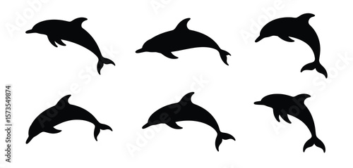 Collection of six black dolphin silhouettes jumping and swimming in various poses