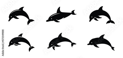 Set of six black silhouette dolphin icons in various swimming poses on a white background