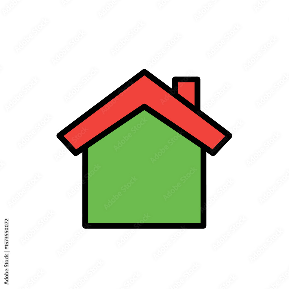 Fototapeta premium Cute green house with red rooftop and chimney black border flat design vector graphic