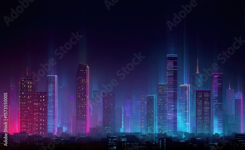 Neon cityscape at night.  Urban skyline with vibrant lights