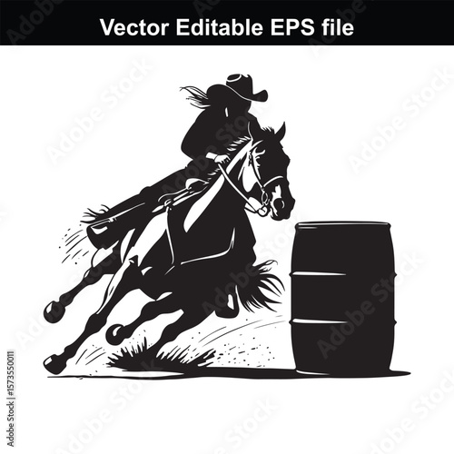 A silhouette Cowgirl  barrel racing
