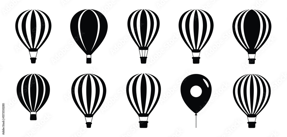 Collection of black hot air balloon and balloon icons on a white background Collection of black hot air balloon and balloon icons on a white background