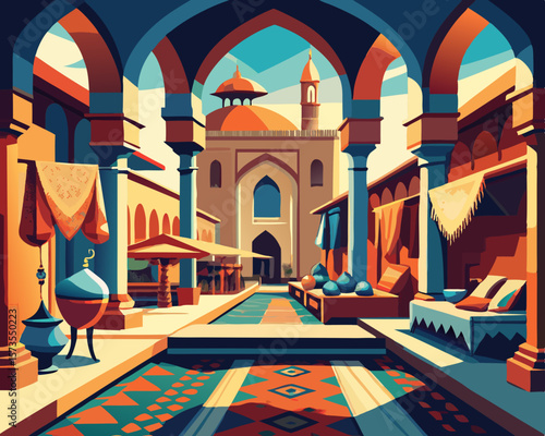 colorful illustration of a historical persian bazaar with archways building architecture