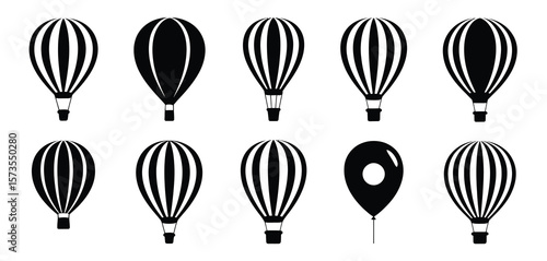 Collection of black hot air balloon and balloon icons on a white background