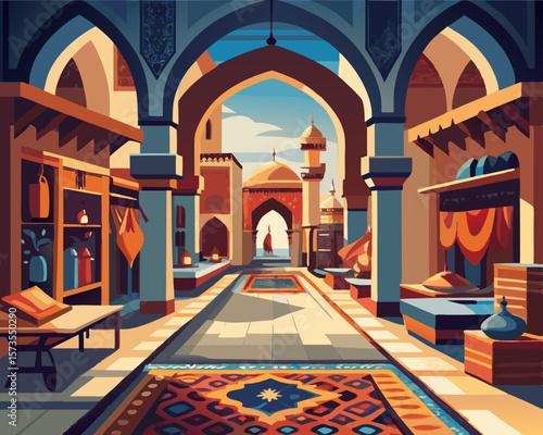 colorful illustration of a historical persian bazaar with archways building architecture