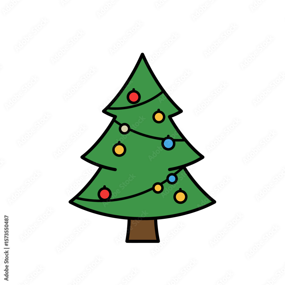 Simple modern flat design of Christmas tree with colorful decorations for seasonal holiday graphics Simple modern flat design of Christmas tree with colorful decorations for seasonal holiday graphics