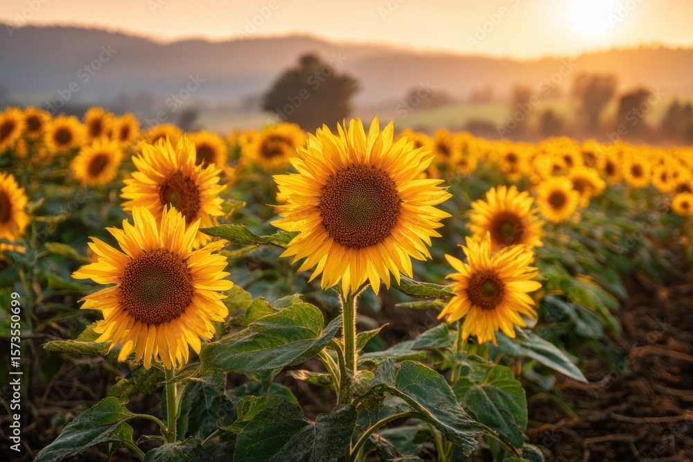 Obraz premium Vibrant sunflower field at sunset with scenic landscape background
