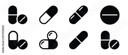 Collection of simple black and white icons representing various pills and capsules