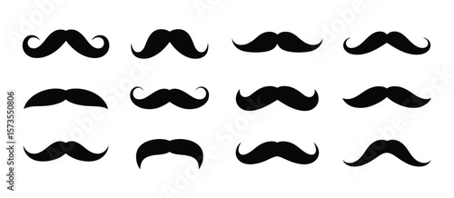 Collection of twelve diverse black mustache icons on a white background
