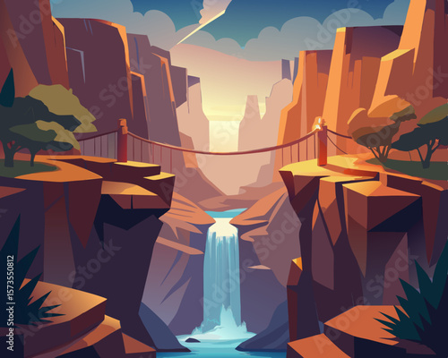 colorful illustration of a magical canyon with waterfalls and suspension bridge