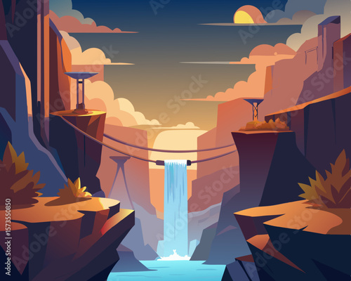 colorful illustration of a magical canyon with waterfalls and suspension bridge
