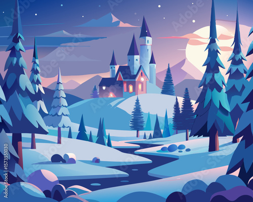 colorful illustration of a magical winter wonderland with frost covered castle