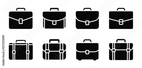 Collection of eight black and white briefcase icons with different styles and designs