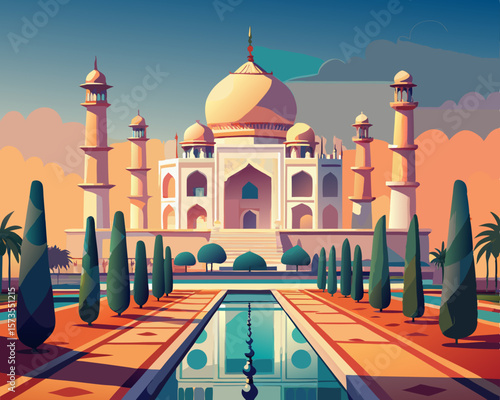 colorful illustration of a majstic indian palace with marble dome
