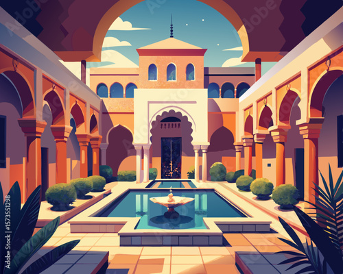 colorful illustration of a magical moroccan riad with central courtyard