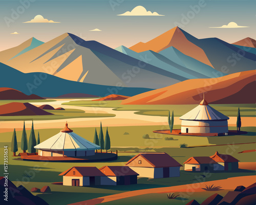 colorful illustration of a mongolian yurt settlement in a vast open grassland