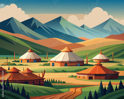 colorful illustration of a mongolian yurt settlement in a vast open grassland