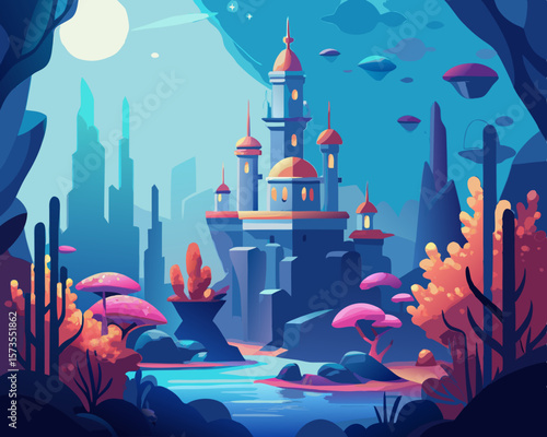colorful illustration of a mystical underwater kingdom with glowing coral