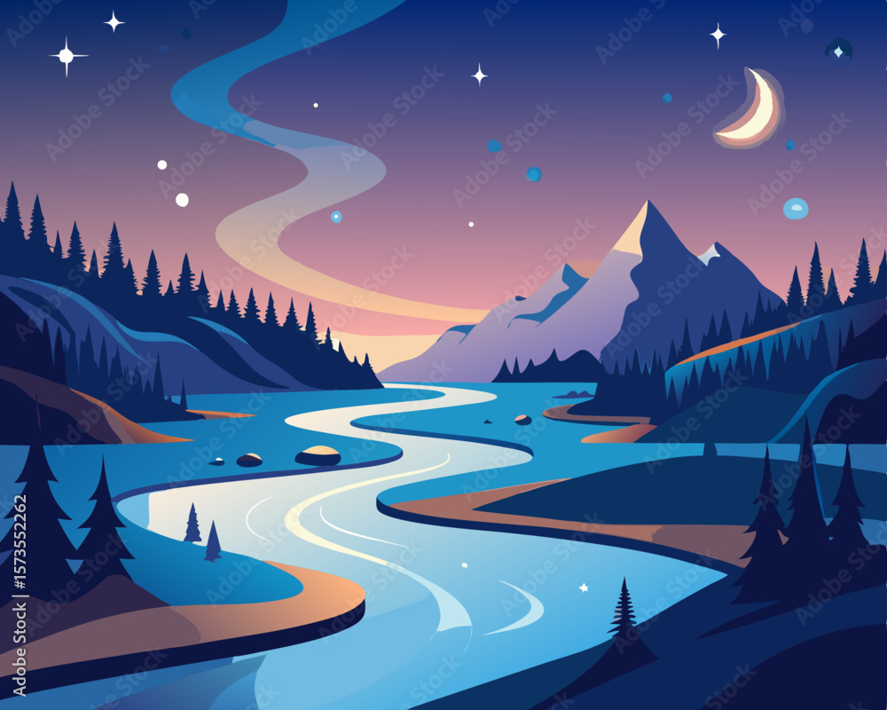 Naklejka premium colorful vector illustration of a winding river flow with cliff under the starlight night