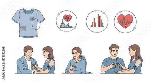 Illustrations showing a smart shirt with heart monitoring and people checking blood pressure at home