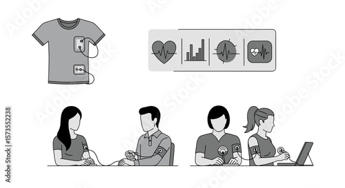 Illustration of a smart shirt with sensors and people using health monitoring devices on their arms