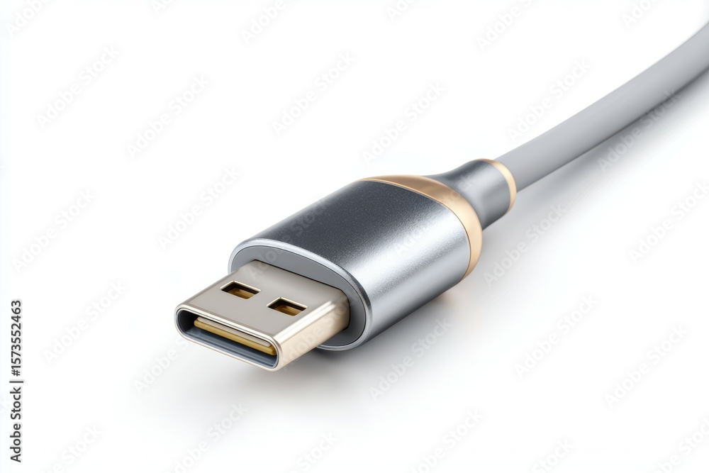 Close-up of gray and gold usb cable connector on white background Close-up of gray and gold usb cable connector on white background