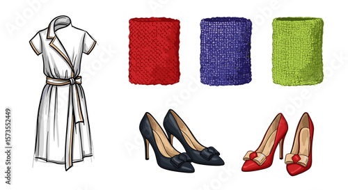 Illustration featuring a white dress with a belt, wristbands, and pairs of high heeled shoes neatly arranged