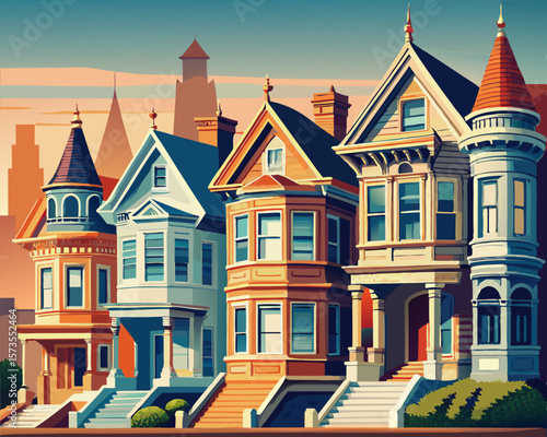 colorful vector illustration of a row of victorian house in san francisco