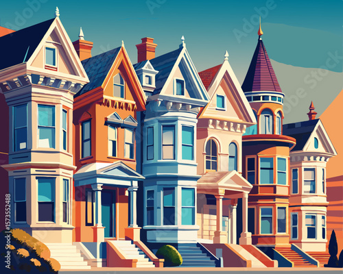 colorful vector illustration of a row of victorian house in san francisco