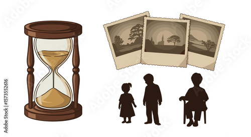 Illustration showing an hourglass, old photographs, and silhouettes of people representing time passing