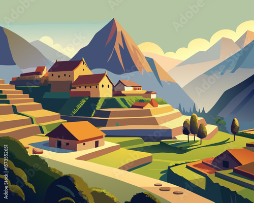 colorful vector illustration of a rustic peruvian village in the andes mountains with terrace land