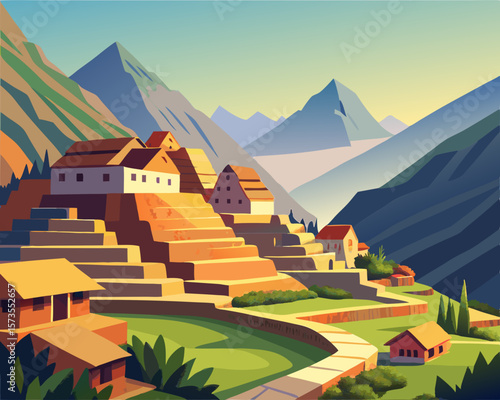 colorful vector illustration of a rustic peruvian village in the andes mountains with terrace land
