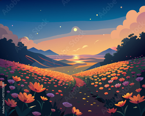 colorful vector illustration of a glowing flower meadows under the twilight with sea in the far away