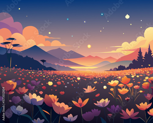 colorful vector illustration of a glowing flower meadows under the twilight with sea in the far away