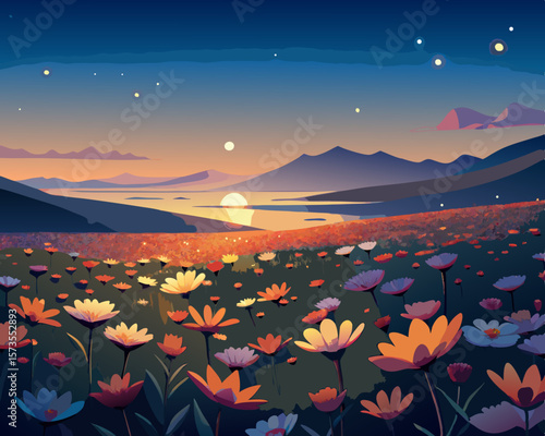 colorful vector illustration of a glowing flower meadows under the twilight with sea in the far away