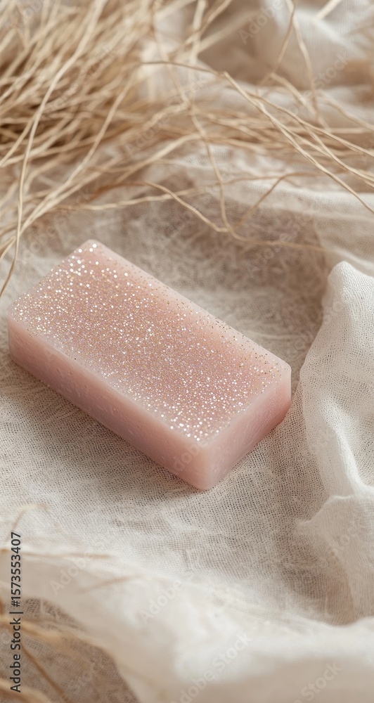 Light pink rectangular bar of soap rests on a sheer, off-white fabric, with light brown dried reeds in the background Light pink rectangular bar of soap rests on a sheer, off-white fabric, with light brown dried reeds in the background
