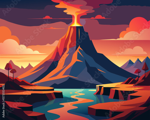 colorful vector illustration of a volcano mountain eruption
