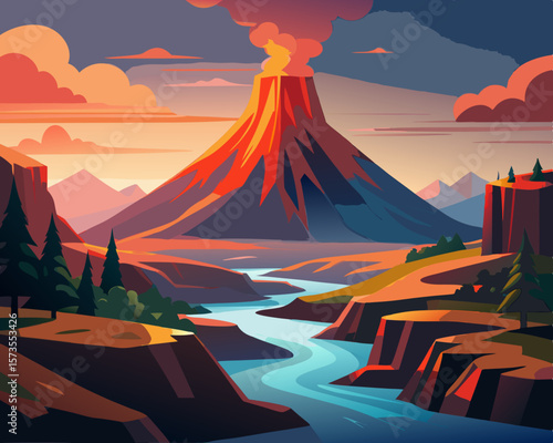 colorful vector illustration of a volcano mountain eruption