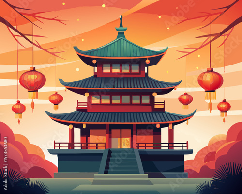 colorful vector illustration of a traditional chinese pagoda with red lantern